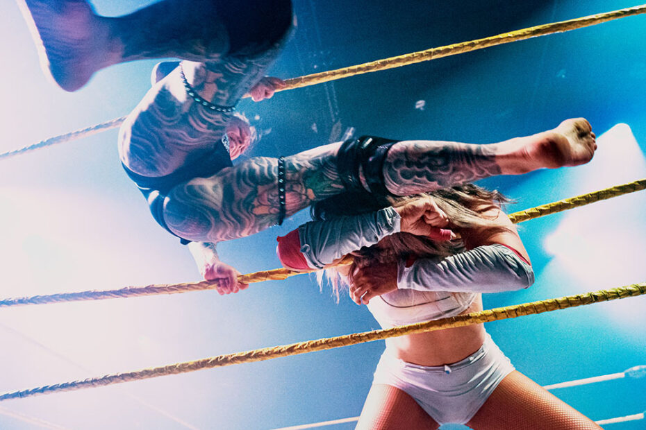 Female pro wrestler Aliss Ink The Scandinavian Dragon (Sweden) doing the famous 619 move on England's Heidi Katrina in 2025.
