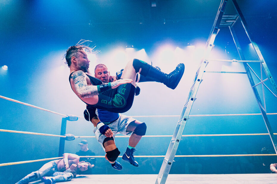 Finnish professional wrestler Miika Forsstrom throws down Canada's The Back Breaker Dylan Broda in a TLC match 2025 (Tables, Ladders & Chairs).