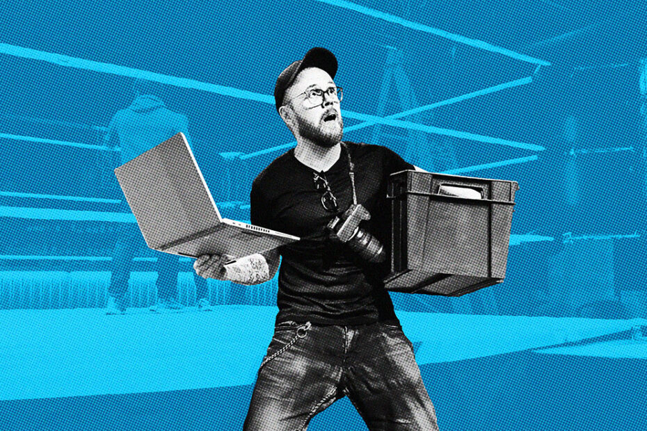 Working in the independent pro wrestling business is a lot of work. Being just a pro wrestling photographer is not enough. This image tells the story of Marko Simonen (of Kayfabe Diary), and all the various jobs required to be taken care of in indie pro wrestling.